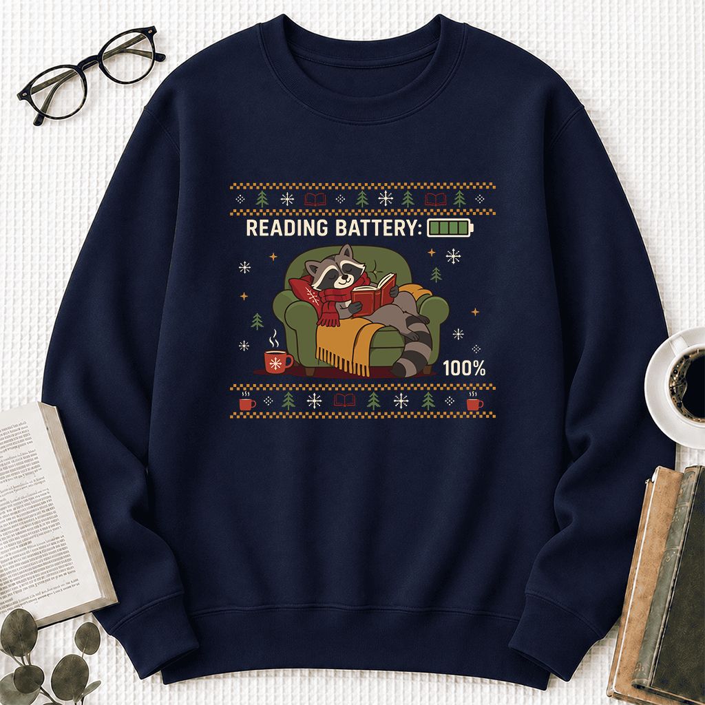 Reading Battery: 100% Raccoon Printed Sweatshirt | Christmas Reader Gift Navy
