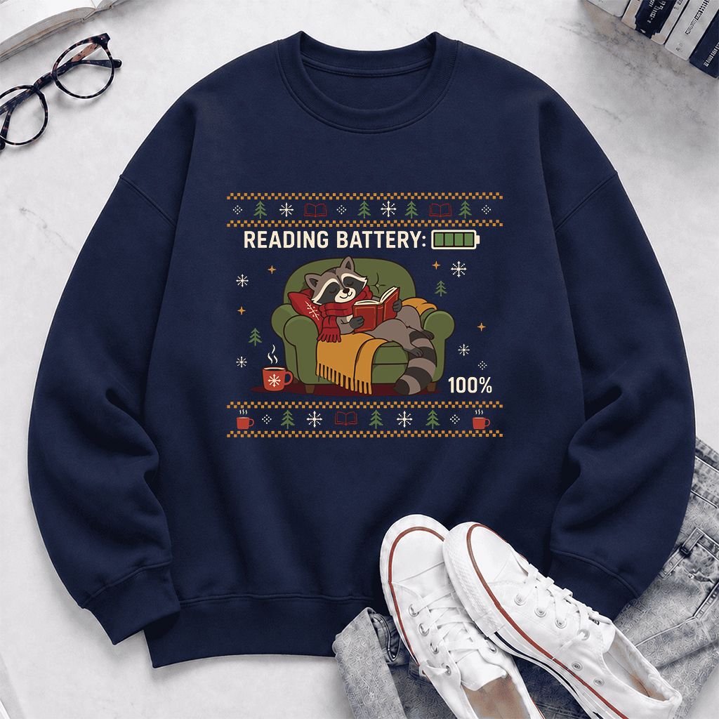 Reading Battery: 100% Raccoon Printed Sweatshirt | Christmas Reader Gift Navy