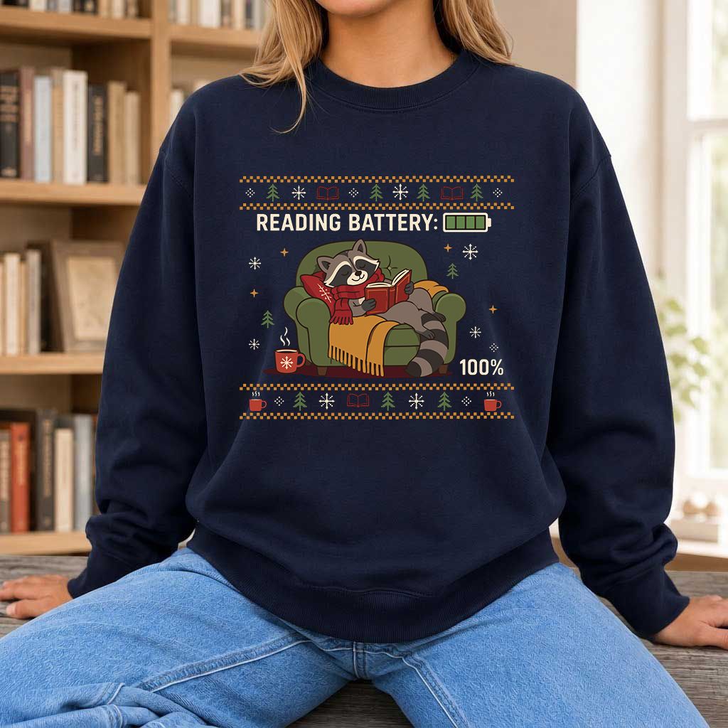 Reading Battery: 100% Raccoon Printed Sweatshirt | Christmas Reader Gift Navy