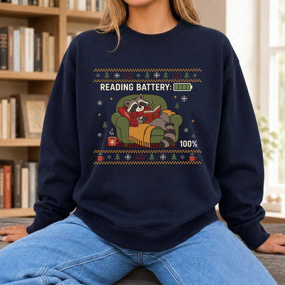 Reading Battery: 100% Raccoon Printed Sweatshirt | Christmas Reader Gift Navy