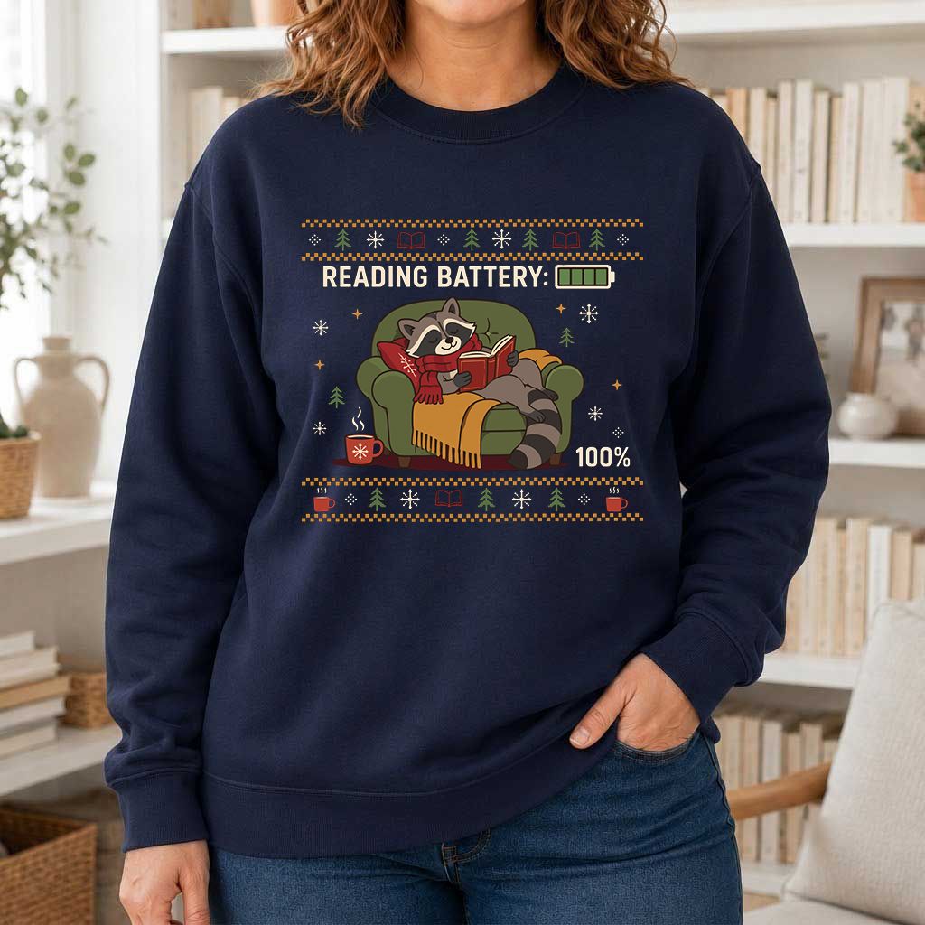 Reading Battery: 100% Raccoon Printed Sweatshirt | Christmas Reader Gift Navy