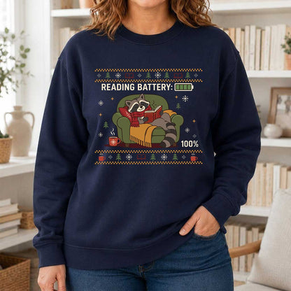Reading Battery: 100% Raccoon Printed Sweatshirt | Christmas Reader Gift Navy