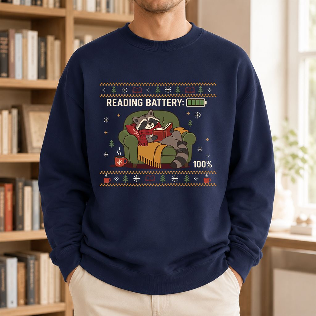 Reading Battery: 100% Raccoon Printed Sweatshirt | Christmas Reader Gift Navy