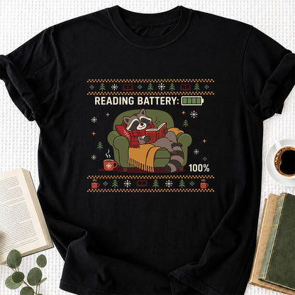 Reading Battery: 100% Raccoon Printed T-Shirt | Christmas Reader Gift Black
