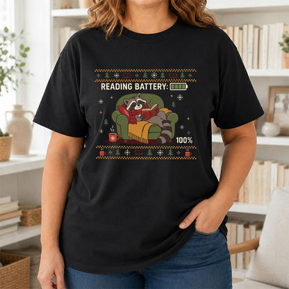 Reading Battery: 100% Raccoon Printed T-Shirt | Christmas Reader Gift Black
