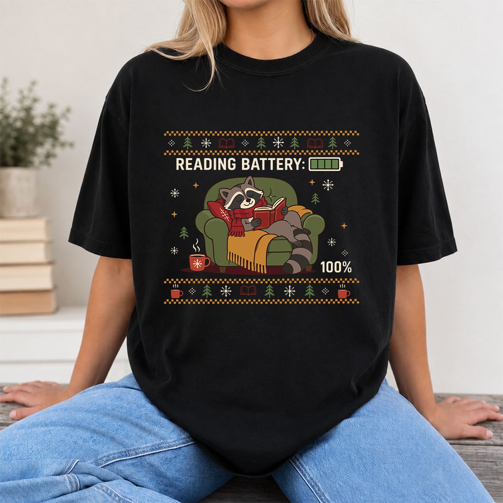 Reading Battery: 100% Raccoon Printed T-Shirt | Christmas Reader Gift Black