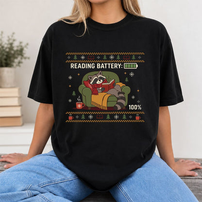Reading Battery: 100% Raccoon Printed T-Shirt | Christmas Reader Gift Black