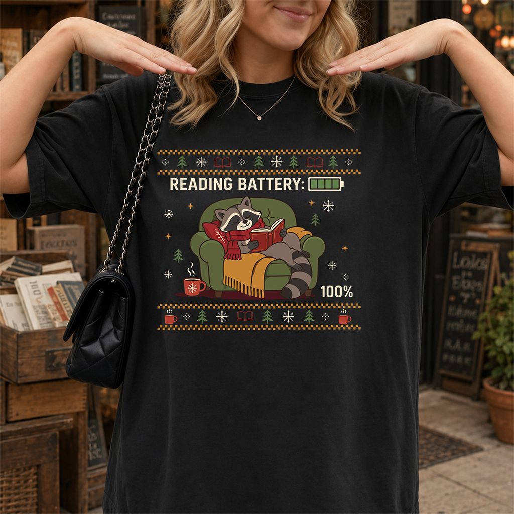 Reading Battery: 100% Raccoon Printed T-Shirt | Christmas Reader Gift Black