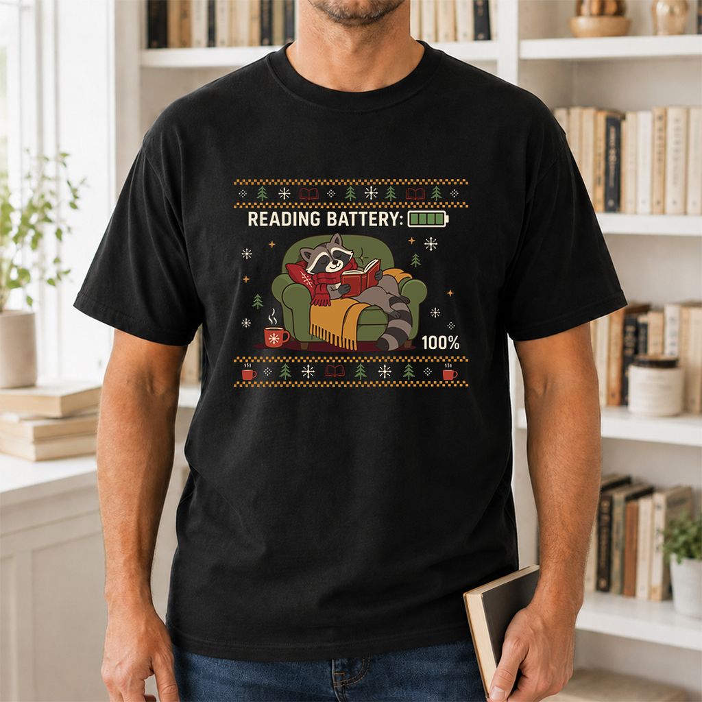 Reading Battery: 100% Raccoon Printed T-Shirt | Christmas Reader Gift Black