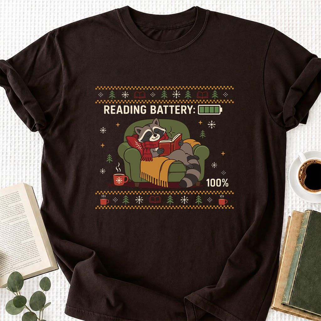Reading Battery: 100% Raccoon Printed T-Shirt | Christmas Reader Gift Dark Chocolate