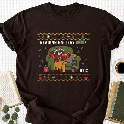 Reading Battery: 100% Raccoon Printed T-Shirt | Christmas Reader Gift Dark Chocolate