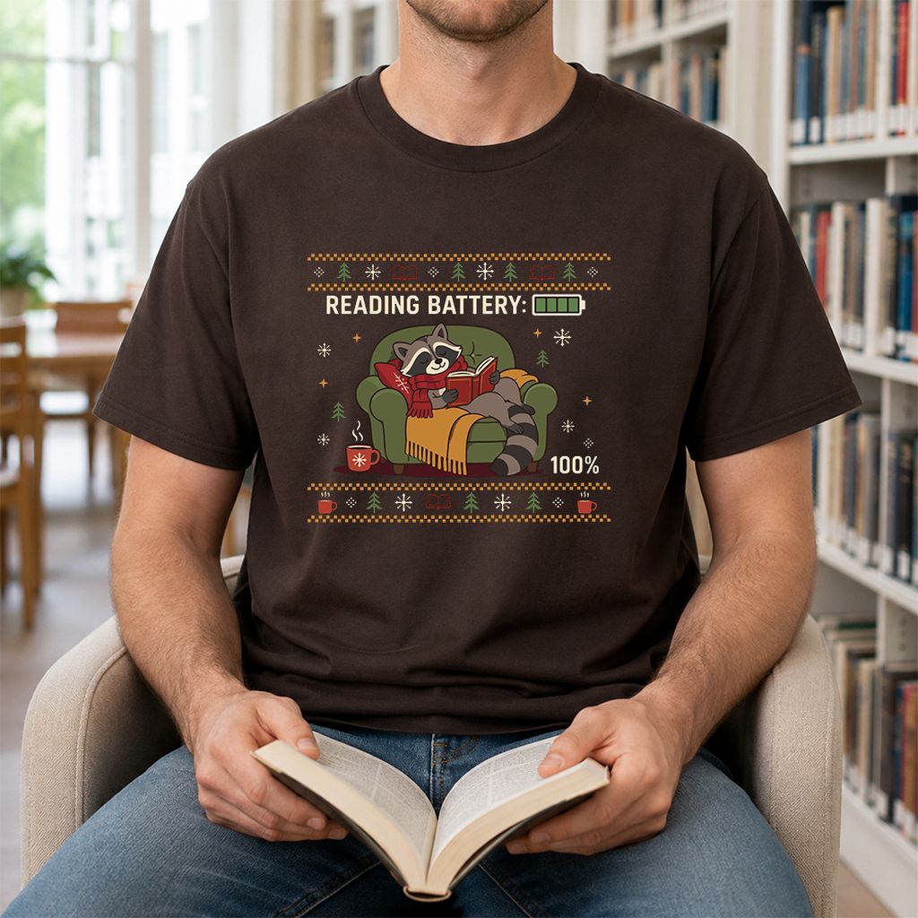 Reading Battery: 100% Raccoon Printed T-Shirt | Christmas Reader Gift Dark Chocolate
