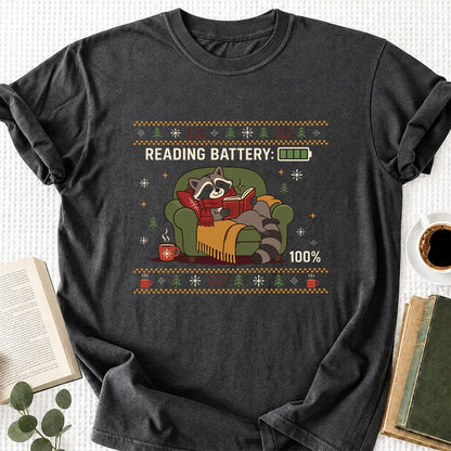 Reading Battery: 100% Raccoon Printed T-Shirt | Christmas Reader Gift Dark Heather