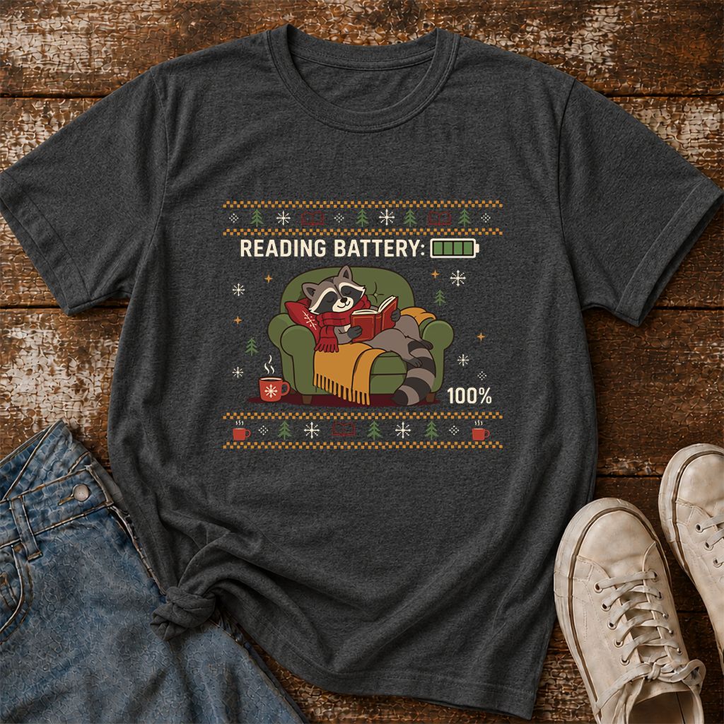 Reading Battery: 100% Raccoon Printed T-Shirt | Christmas Reader Gift Dark Heather