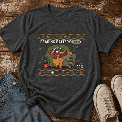 Reading Battery: 100% Raccoon Printed T-Shirt | Christmas Reader Gift Dark Heather