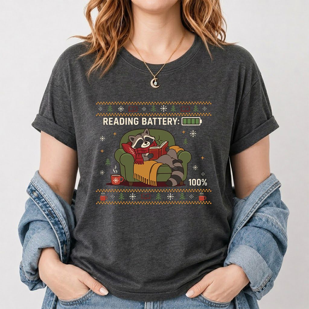 Reading Battery: 100% Raccoon Printed T-Shirt | Christmas Reader Gift Dark Heather