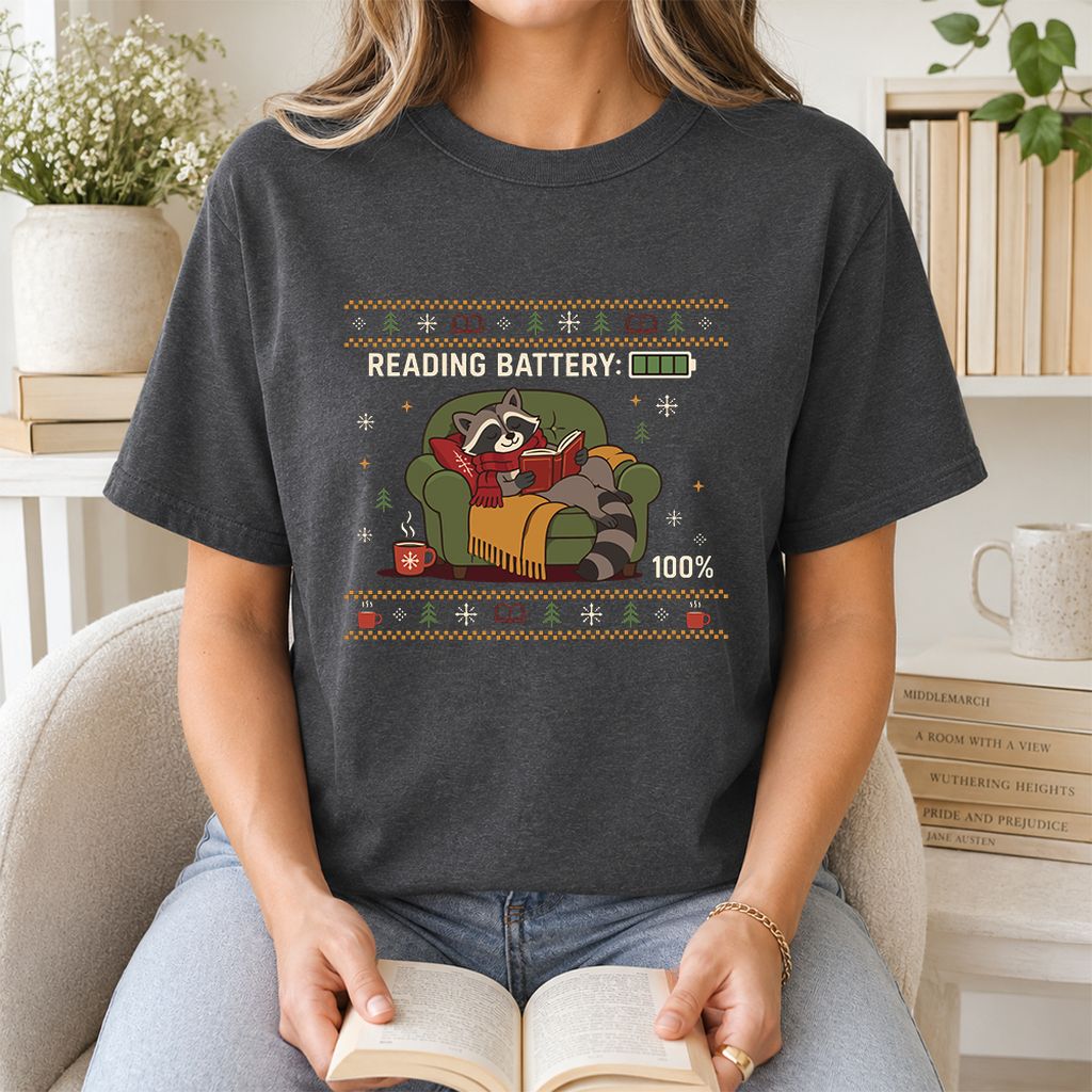 Reading Battery: 100% Raccoon Printed T-Shirt | Christmas Reader Gift Dark Heather