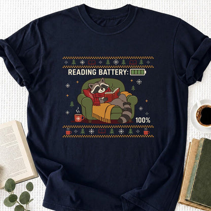 Reading Battery: 100% Raccoon Printed T-Shirt | Christmas Reader Gift Navy