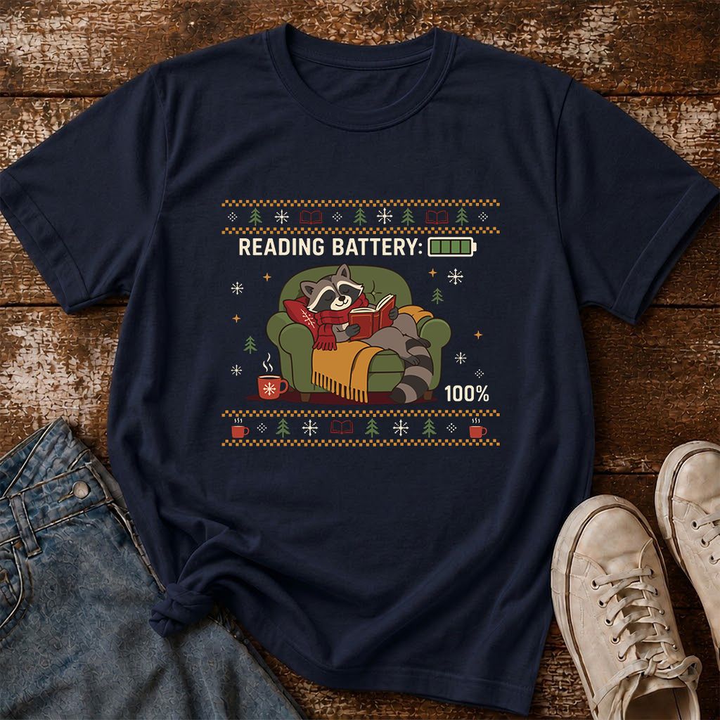 Reading Battery: 100% Raccoon Printed T-Shirt | Christmas Reader Gift Navy
