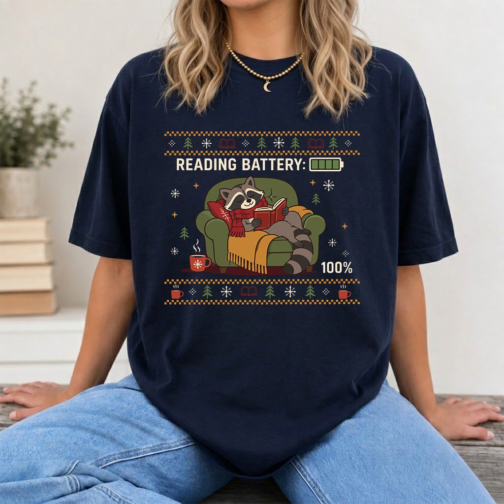 Reading Battery: 100% Raccoon Printed T-Shirt | Christmas Reader Gift Navy
