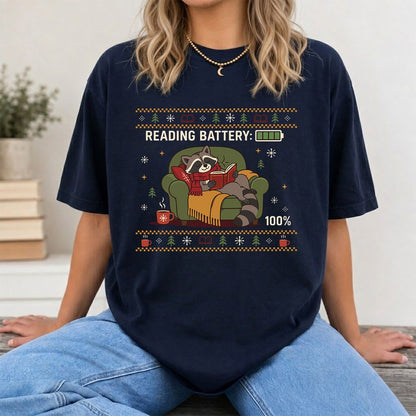 Reading Battery: 100% Raccoon Printed T-Shirt | Christmas Reader Gift Navy