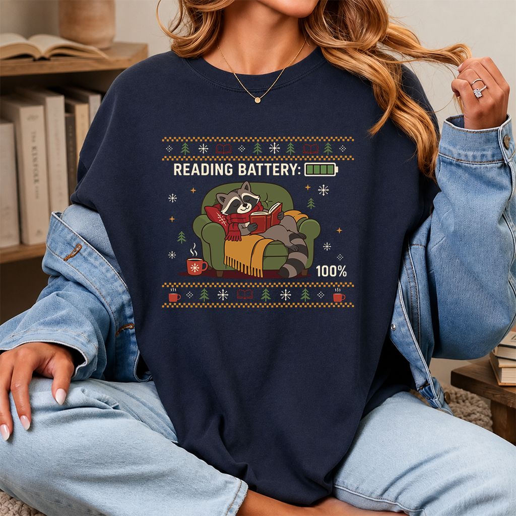Reading Battery: 100% Raccoon Printed T-Shirt | Christmas Reader Gift Navy
