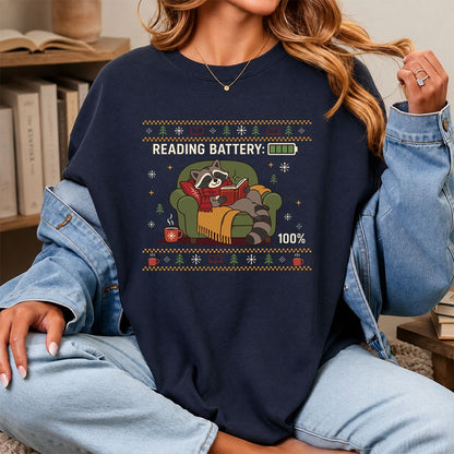 Reading Battery: 100% Raccoon Printed T-Shirt | Christmas Reader Gift Navy