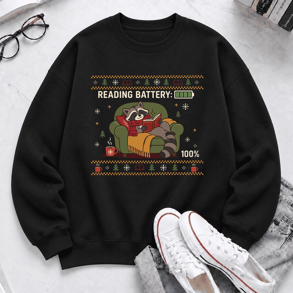 Reading Battery: 100% Raccoon Softstyle Sweatshirt | Christmas Reader Gift Black