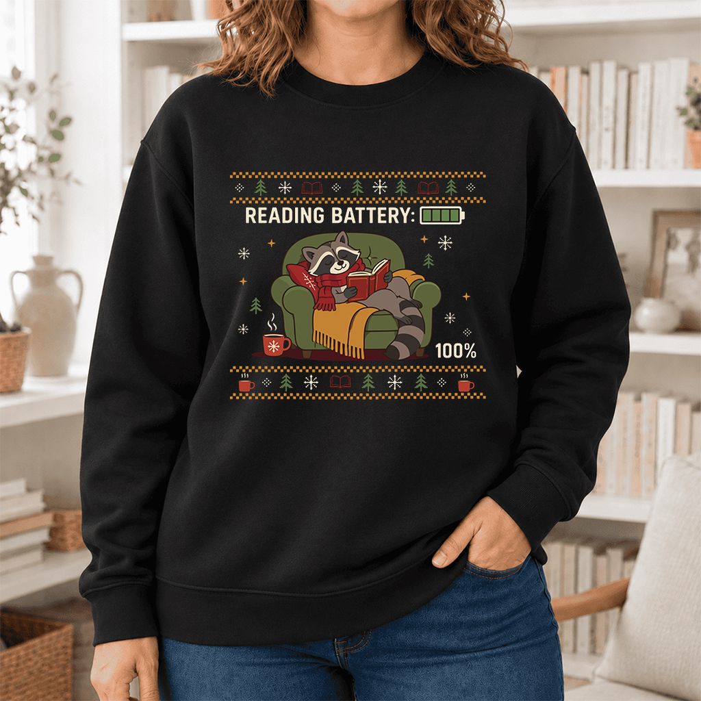Reading Battery: 100% Raccoon Softstyle Sweatshirt | Christmas Reader Gift Black