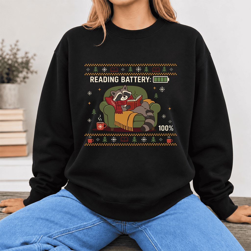 Reading Battery: 100% Raccoon Softstyle Sweatshirt | Christmas Reader Gift Black