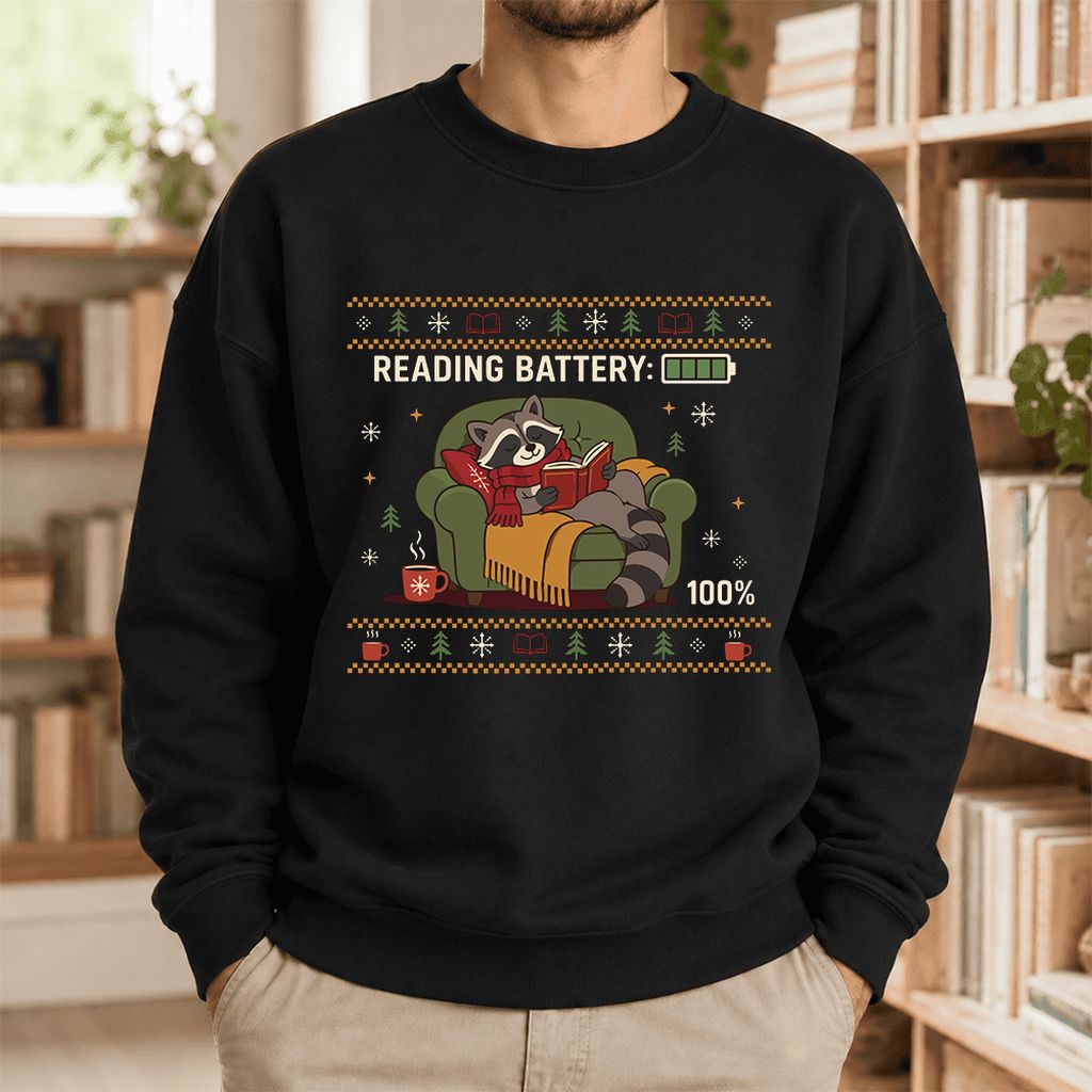 Reading Battery: 100% Raccoon Softstyle Sweatshirt | Christmas Reader Gift Black