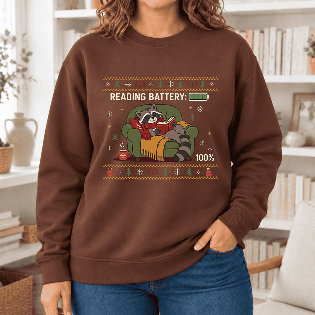 Reading Battery: 100% Raccoon Softstyle Sweatshirt | Christmas Reader Gift Cocoa