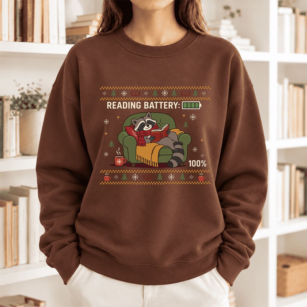 Reading Battery: 100% Raccoon Softstyle Sweatshirt | Christmas Reader Gift Cocoa