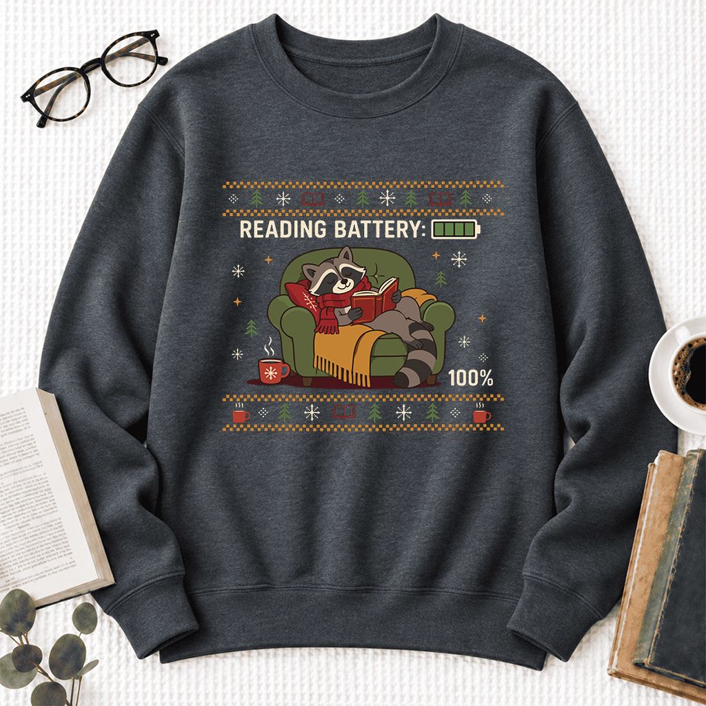 Reading Battery: 100% Raccoon Softstyle Sweatshirt | Christmas Reader Gift Dark Heather