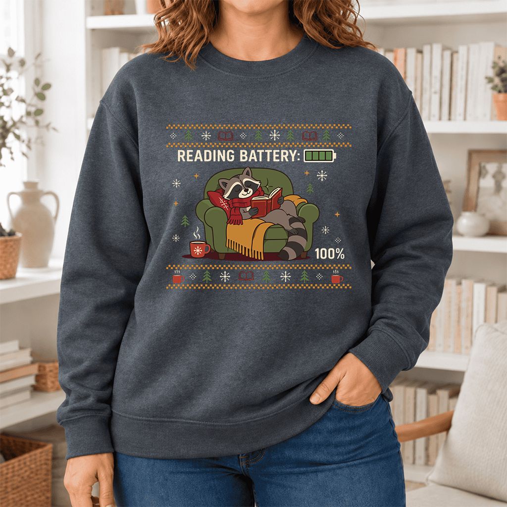 Reading Battery: 100% Raccoon Softstyle Sweatshirt | Christmas Reader Gift Dark Heather