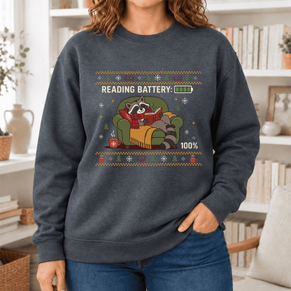 Reading Battery: 100% Raccoon Softstyle Sweatshirt | Christmas Reader Gift Dark Heather