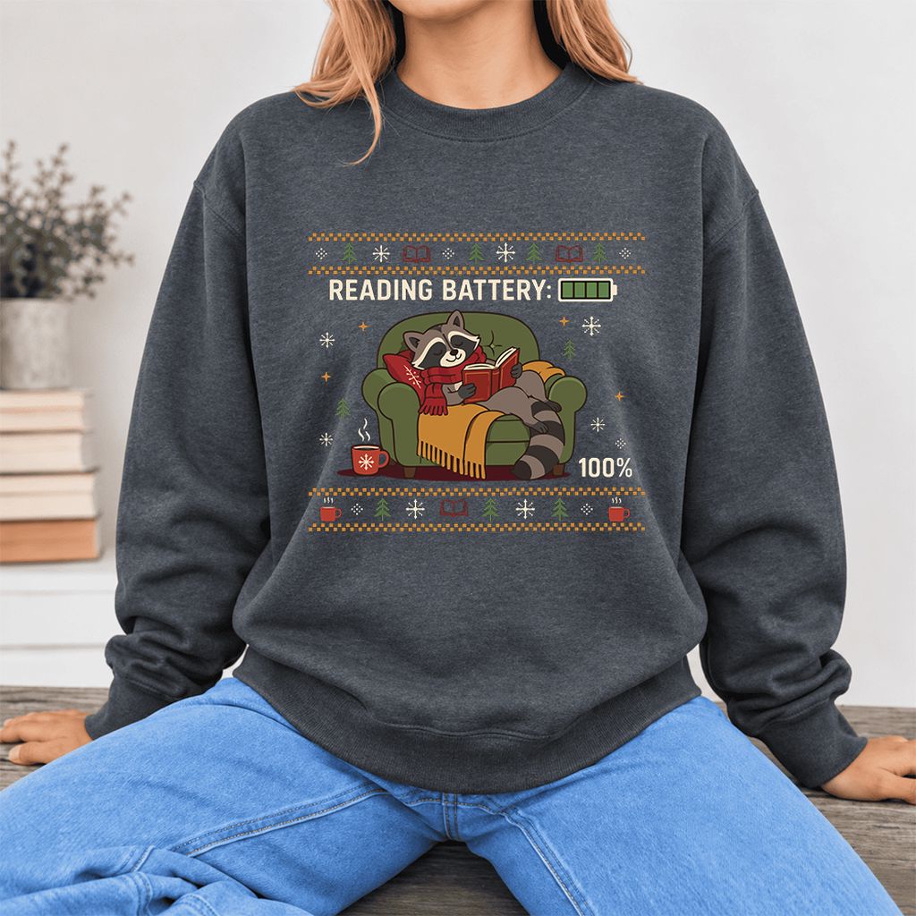 Reading Battery: 100% Raccoon Softstyle Sweatshirt | Christmas Reader Gift Dark Heather