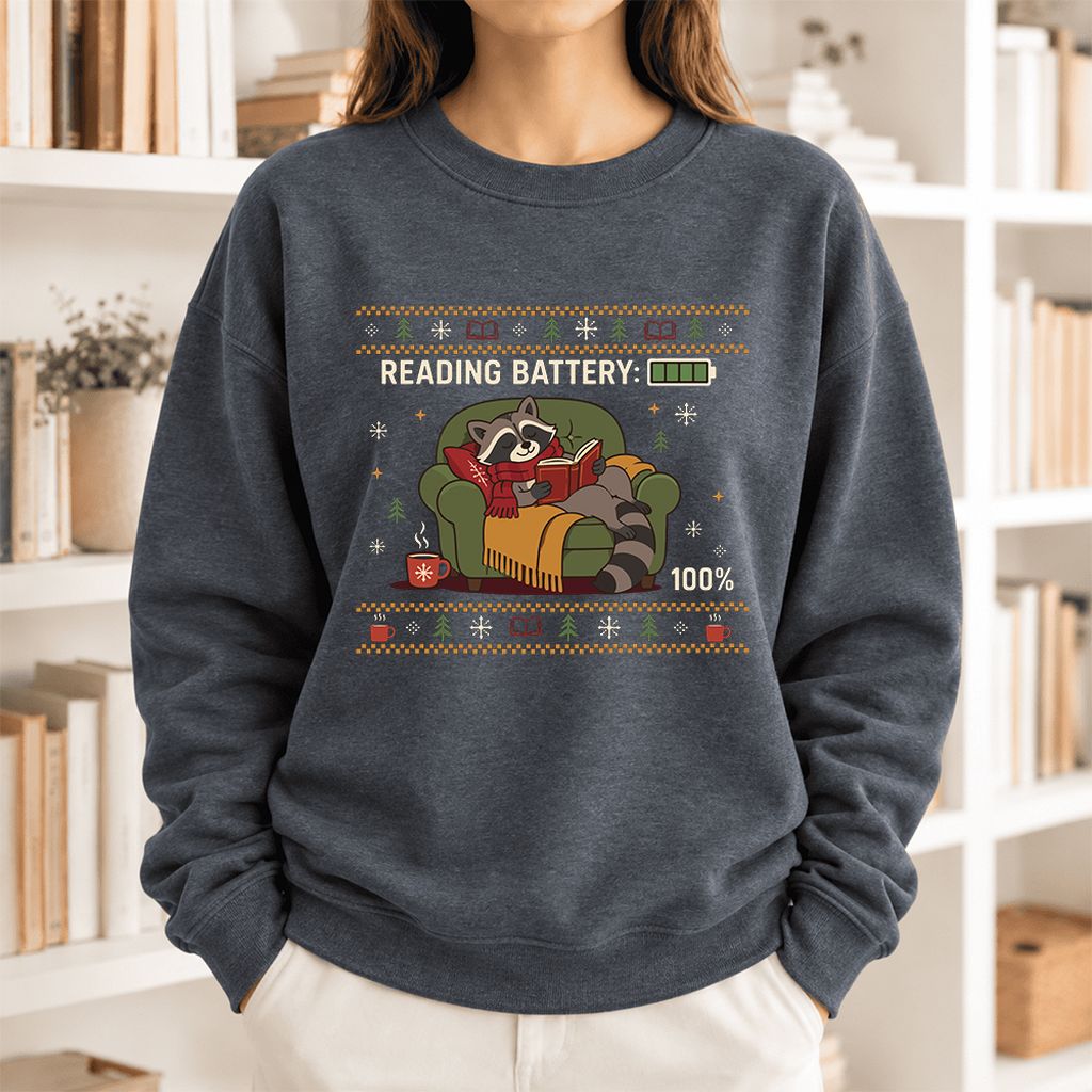 Reading Battery: 100% Raccoon Softstyle Sweatshirt | Christmas Reader Gift Dark Heather