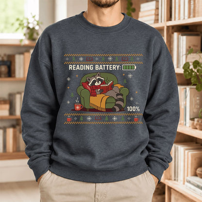 Reading Battery: 100% Raccoon Softstyle Sweatshirt | Christmas Reader Gift Dark Heather