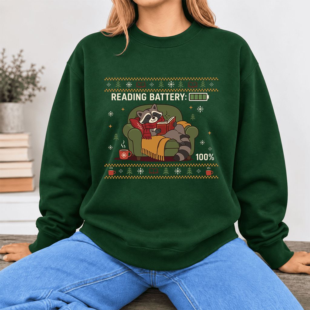 Reading Battery: 100% Raccoon Softstyle Sweatshirt | Christmas Reader Gift Forest Green