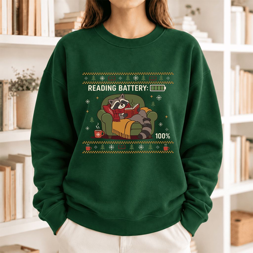 Reading Battery: 100% Raccoon Softstyle Sweatshirt | Christmas Reader Gift Forest Green