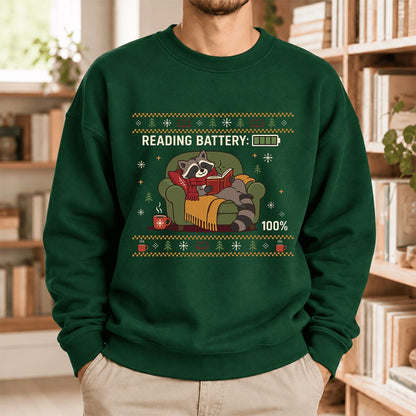 Reading Battery: 100% Raccoon Softstyle Sweatshirt | Christmas Reader Gift Forest Green