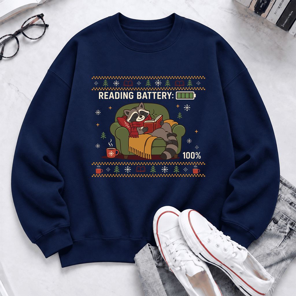 Reading Battery: 100% Raccoon Softstyle Sweatshirt | Christmas Reader Gift Navy