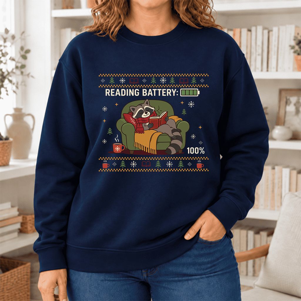 Reading Battery: 100% Raccoon Softstyle Sweatshirt | Christmas Reader Gift Navy