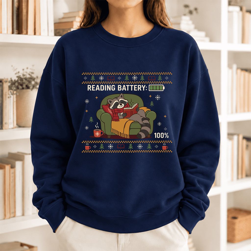 Reading Battery: 100% Raccoon Softstyle Sweatshirt | Christmas Reader Gift Navy