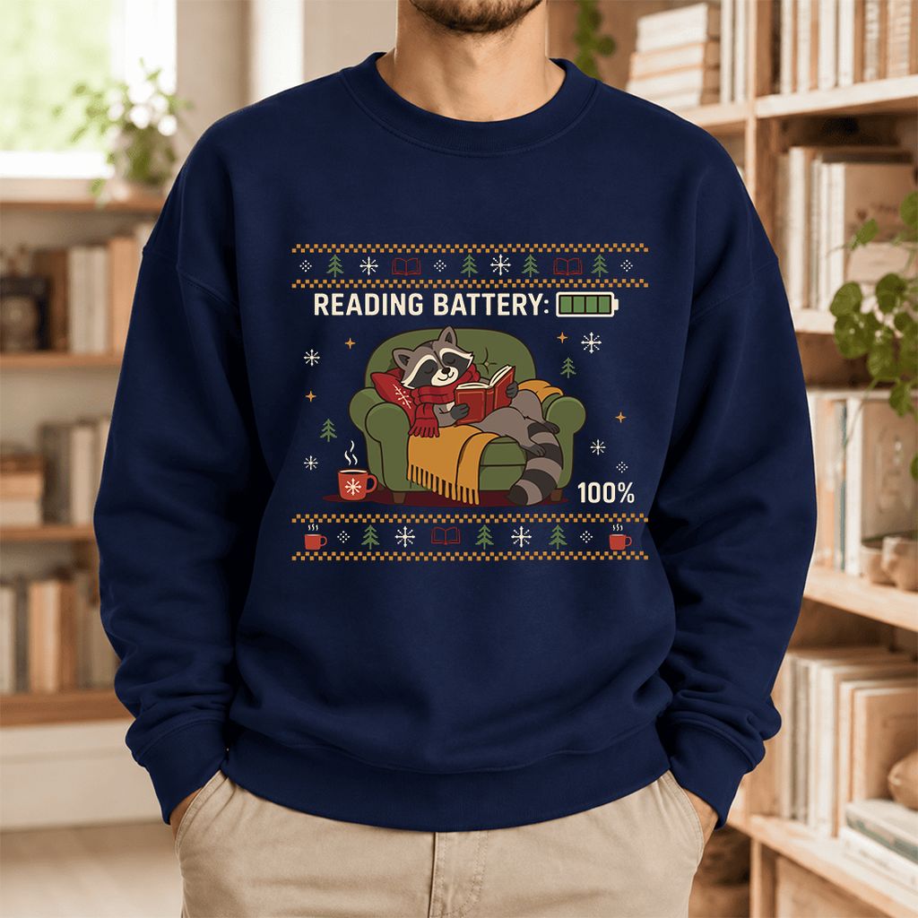 Reading Battery: 100% Raccoon Softstyle Sweatshirt | Christmas Reader Gift Navy