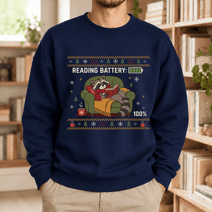Reading Battery: 100% Raccoon Softstyle Sweatshirt | Christmas Reader Gift Navy