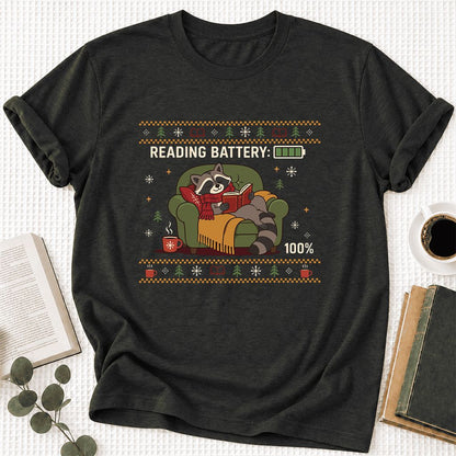 Reading Battery: 100% Raccoon Ultra-Soft Cotton T-Shirt | Christmas Reader Gift Black Heather