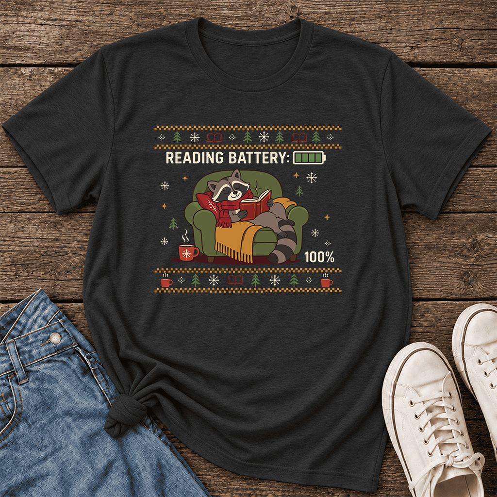 Reading Battery: 100% Raccoon Ultra-Soft Cotton T-Shirt | Christmas Reader Gift Black Heather