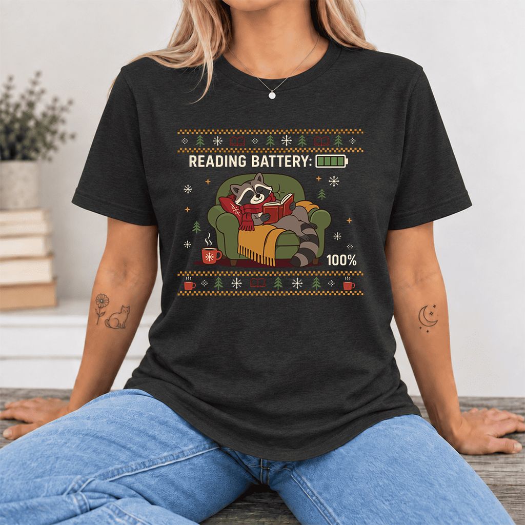 Reading Battery: 100% Raccoon Ultra-Soft Cotton T-Shirt | Christmas Reader Gift Black Heather